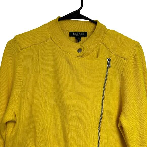 Lauren Ralph Lauren Womens Knit Moto Jacket Cardigan Sweater Yellow Petite Large - Picture 4 of 6